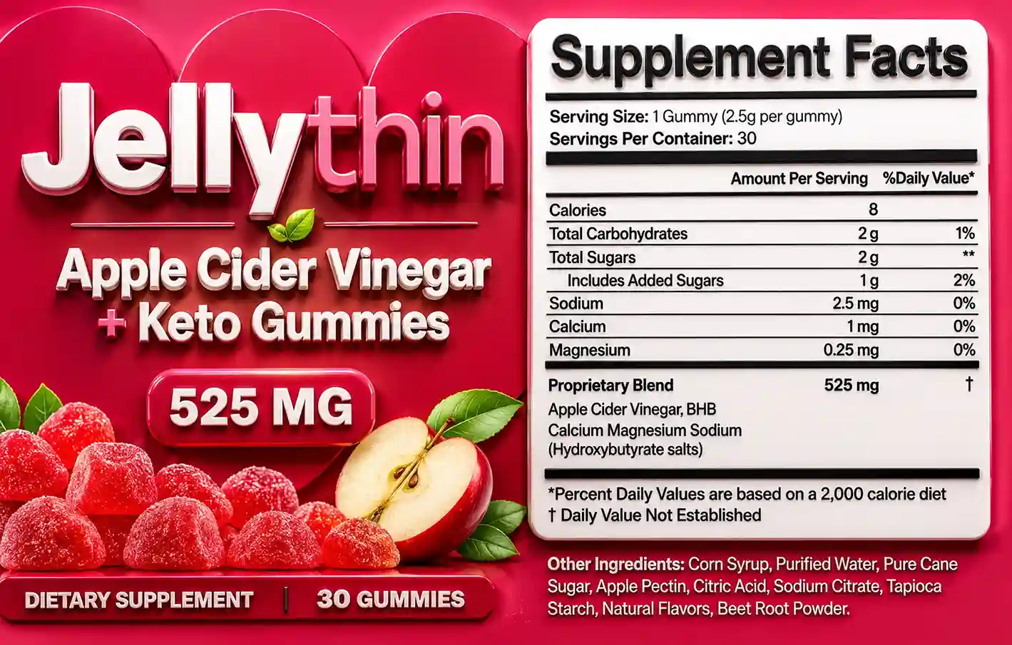 JellyThin Apple Cider Vinegar Keto Gummies 525mg Supplement Facts