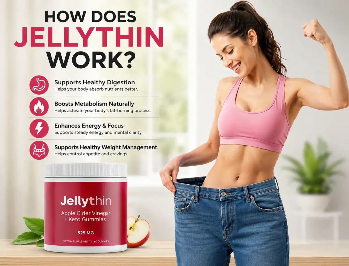 How JellyThin works infographic banner. Features a fit woman flexing in loose jeans with a product bottle, detailing natural metabolism boost and healthy weight management in the USA.