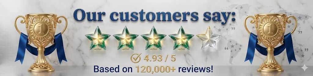 JellyThin customer reviews trust banner showing a 4.93 out of 5 rating based on over 120,000 verified user testimonials. Features gold trophies on a premium marble background for USA buyers.